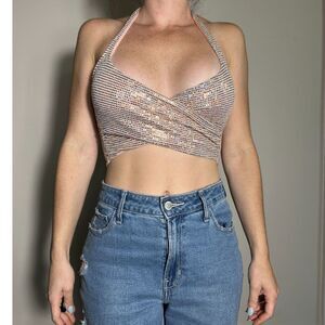 FASHIONNOVA Sparkly Pink Gold Going Out Crop Top Size Small